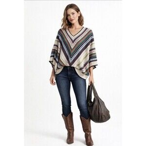 Democracy Open Knit Asymmetrical Multicolor Poncho Top Festival Boho Size Small
